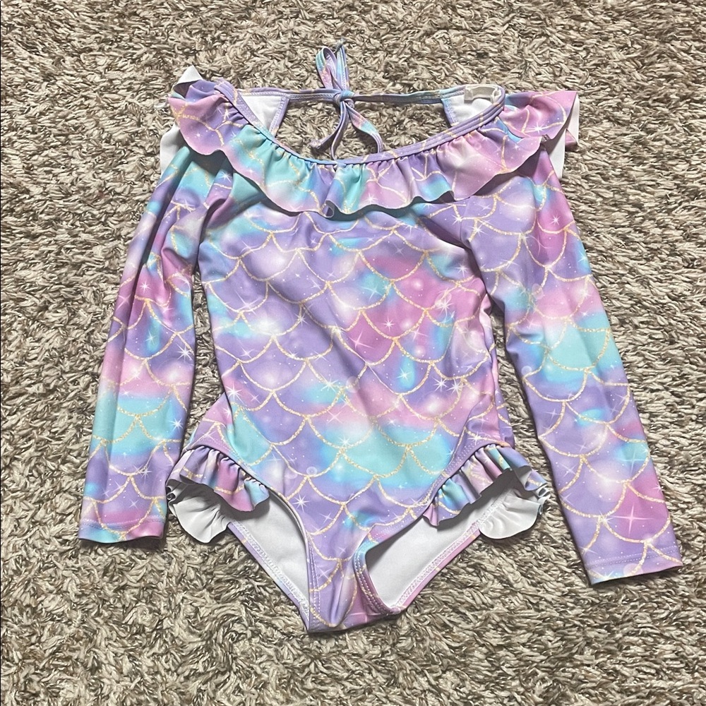 Girls' Pastel Mermaid Ruffle Long-Sleeve Swimsuit